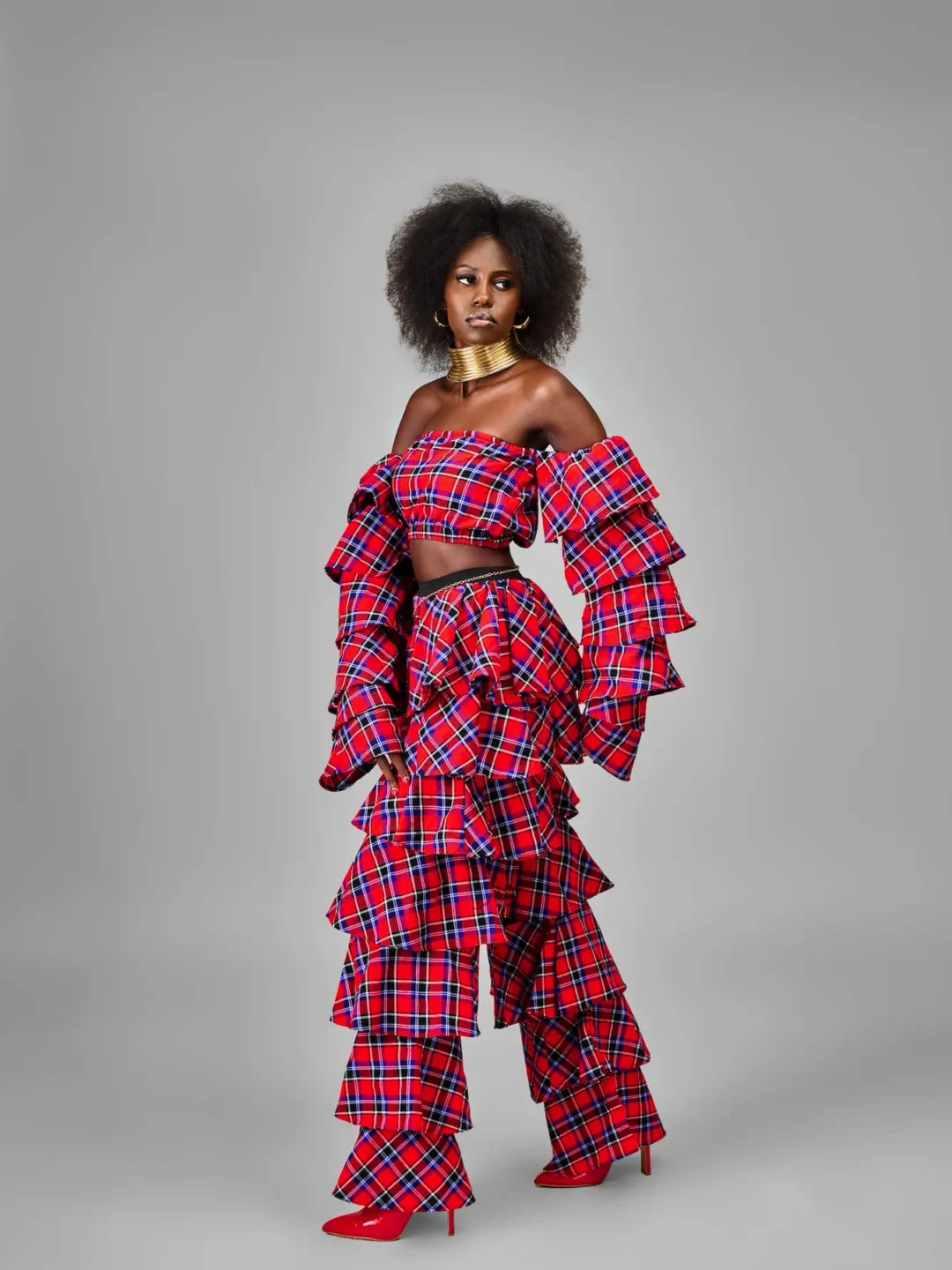 Layered Ruffle Maxi Skirt in Red Maasai Shuka Plaid