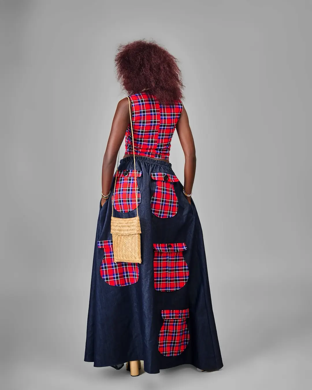 Denim and Maasai Shuka Flared Skirt Set